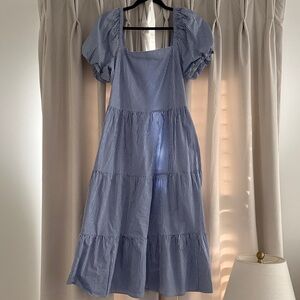 J. Crew Blue Pinstripe Square Neck Tiered Midi Dress with Puff Sleeves